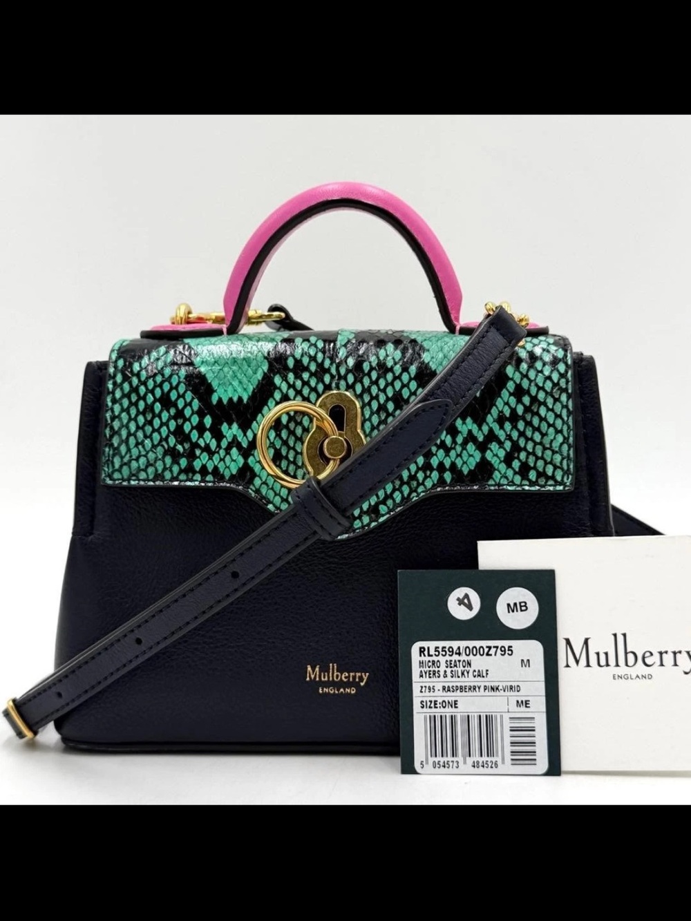 Mulberry Navy Leather Satchel with Green Snake-Print Flap & Raspberry Handle